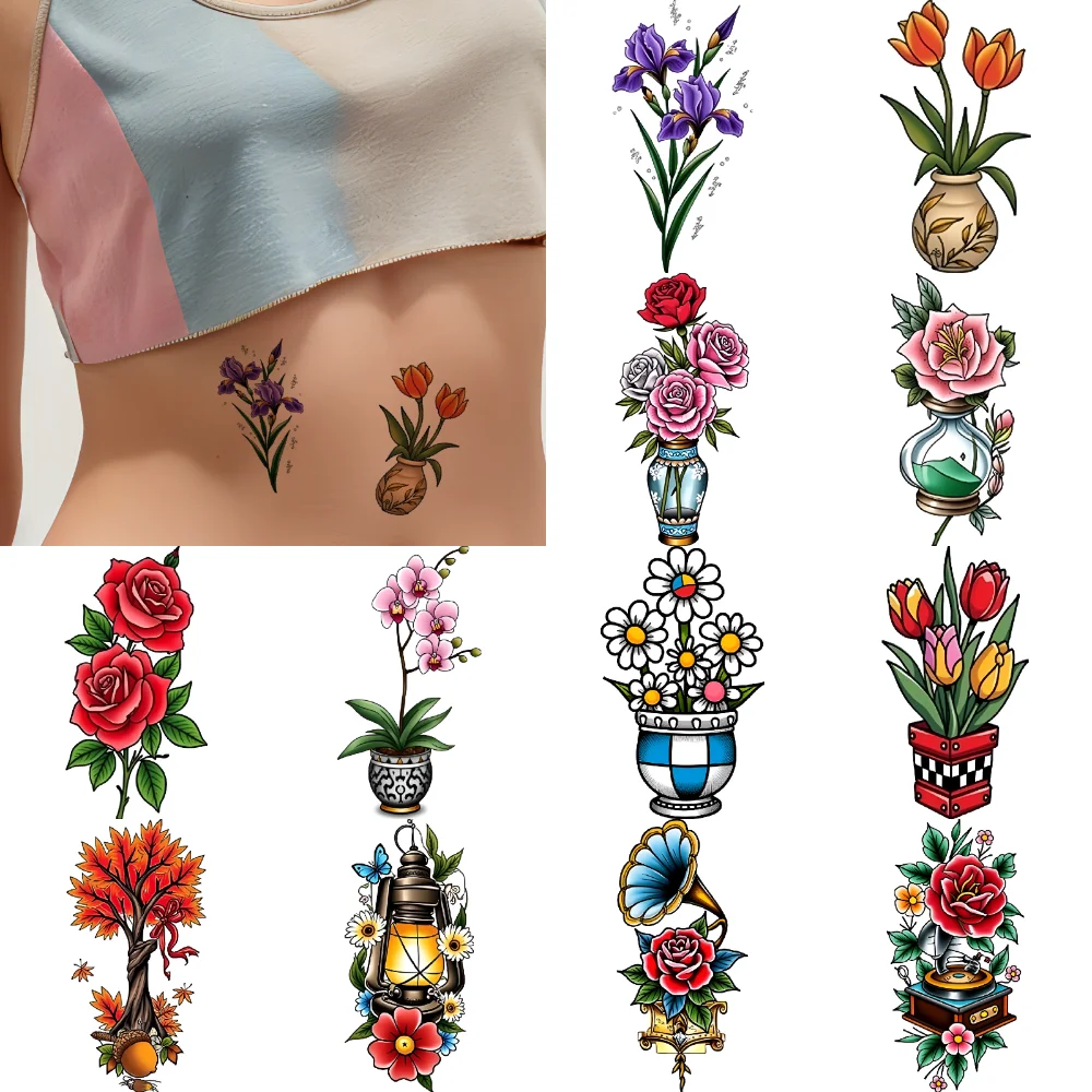 

28pcs Temporary Tattoo Flower In Vase New School Traditional Lantern With Flowers Bonsai For Shoulders Adults Men