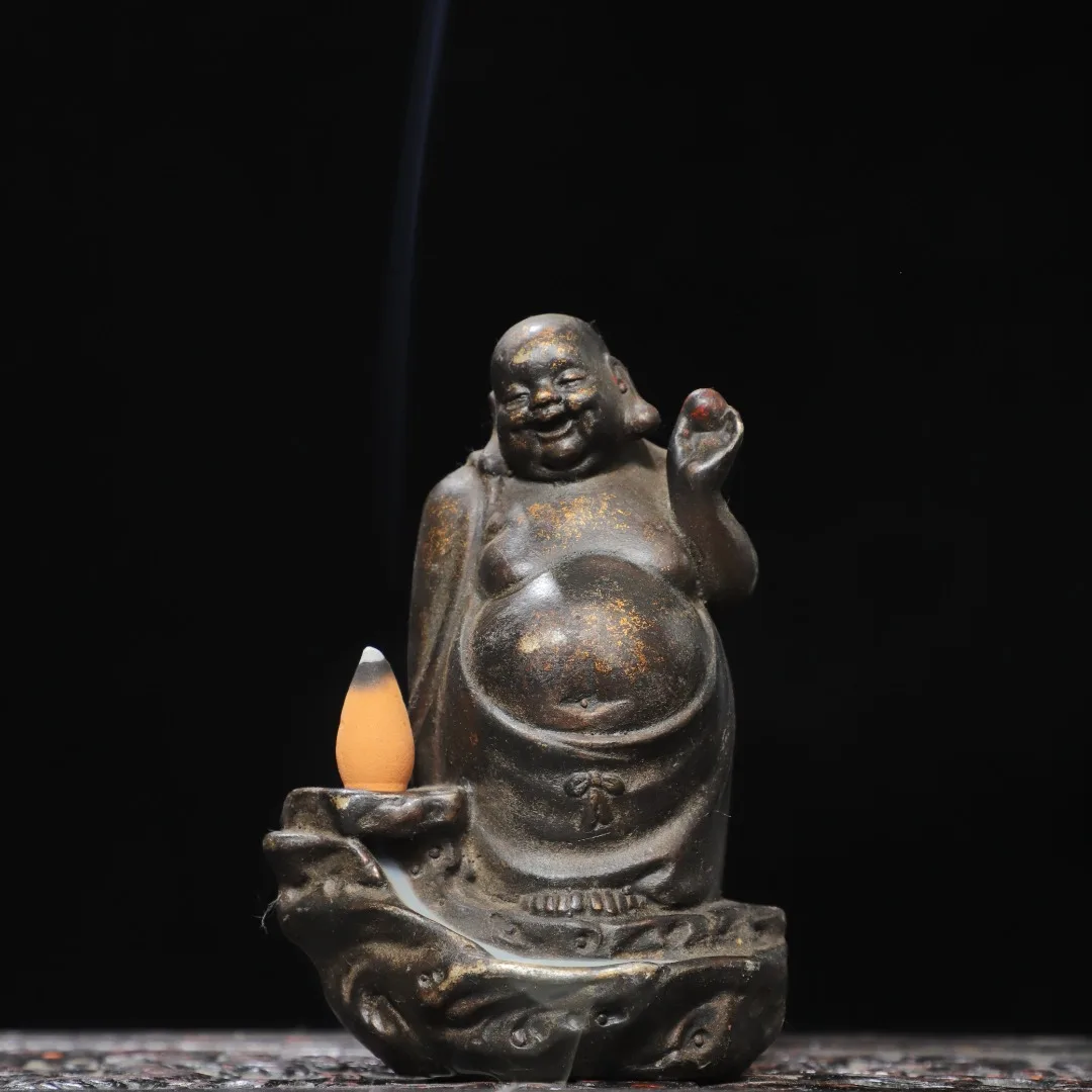 Old Bronze Cinnabar Maitreya Buddha Standing Buddha Backflow incense Amitabha Incense Burner incense holder Study screen