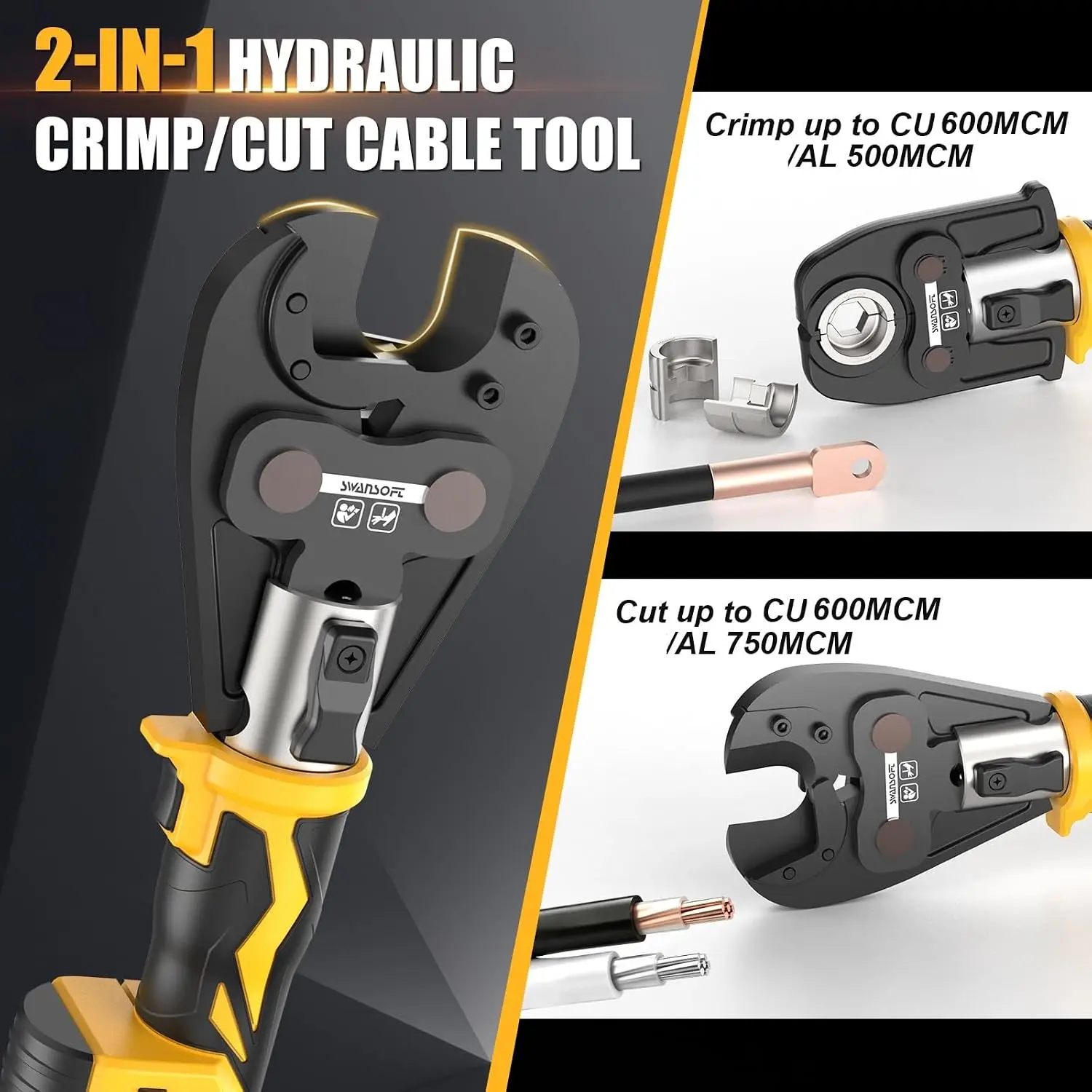 SWANSOFT 2-in-1 Hydraulic Electric Cable Crimping/Cutting Tool for Cu/Al Terminal Lug 5Ton 18V Battery Cordless Crimper Cutter Kit with 6AWG-600MCM 11 Dies
