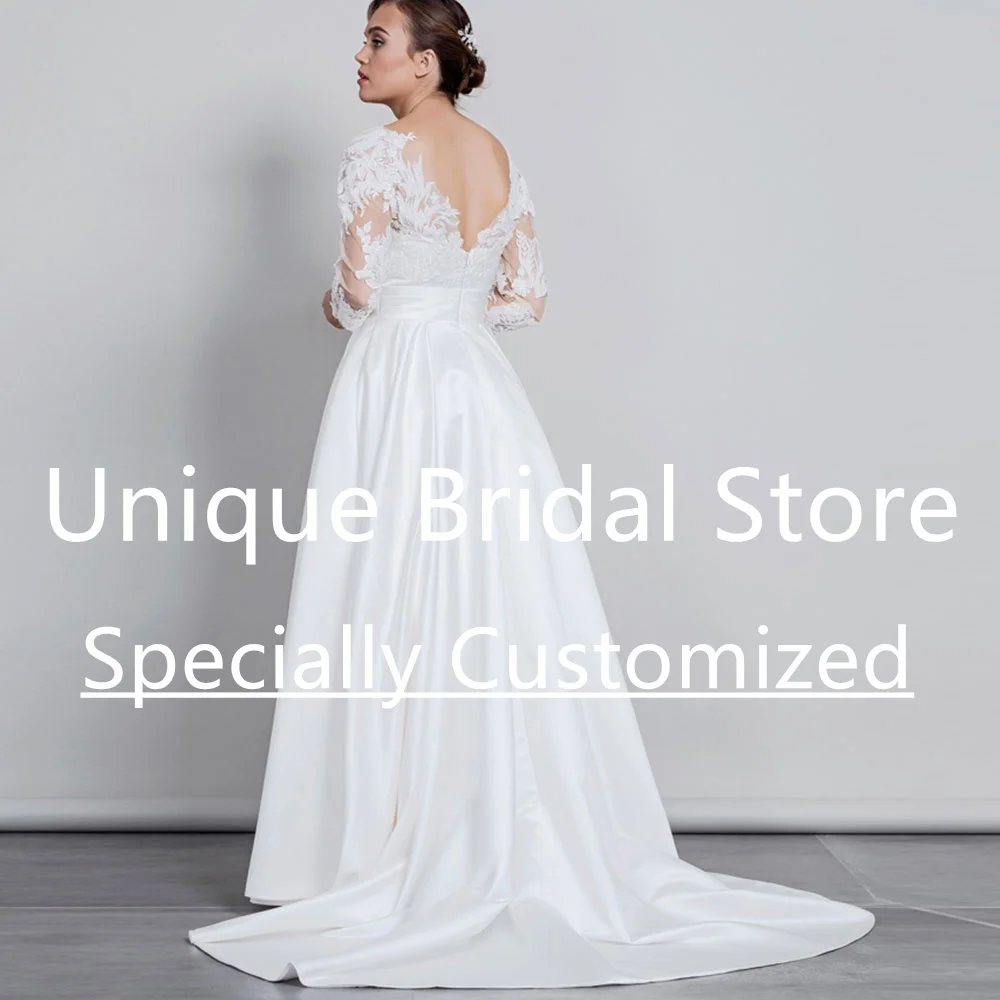 Customized Fashion Satin Bridal Gown Long Sleeve V-Neck Applique Sweep Train Dresses Backless Back Zipper Elegant New Design Wed