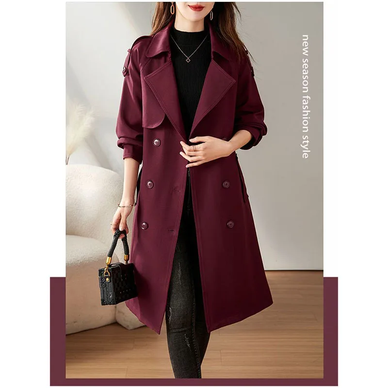 Korean Women Trench Coat New Spring Autumn Fashion Solid Double-breasted Mid Long All-Match Windbreaker Female Casual Outerwear