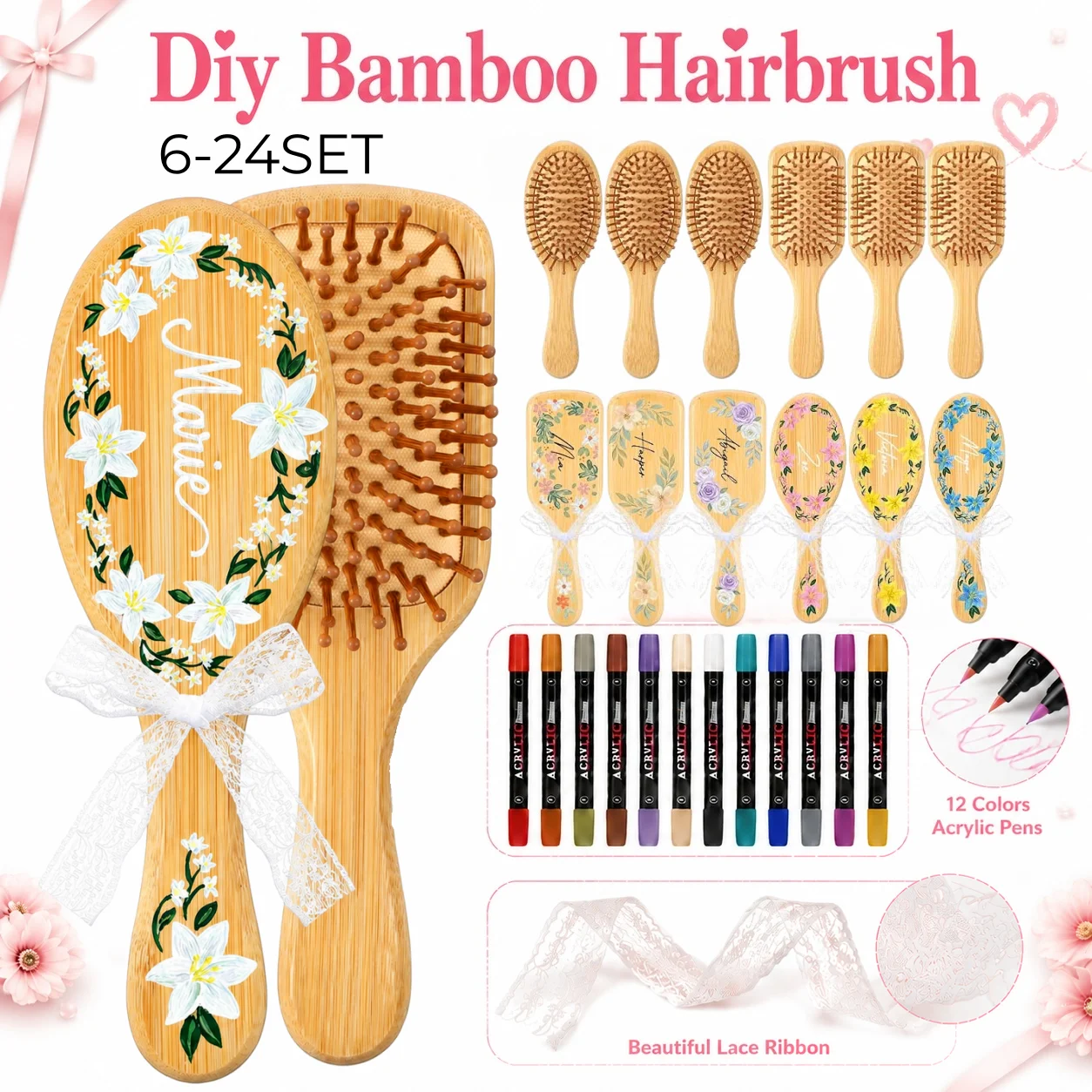 Kits de peinture DIY pour brosses à cheveux en bois (6-24 pièces) avec 12 feutres multicolores – Créez votre propre brosse à cheveux – Fournitures pour soirées – Cadeau DIY pour cheveux