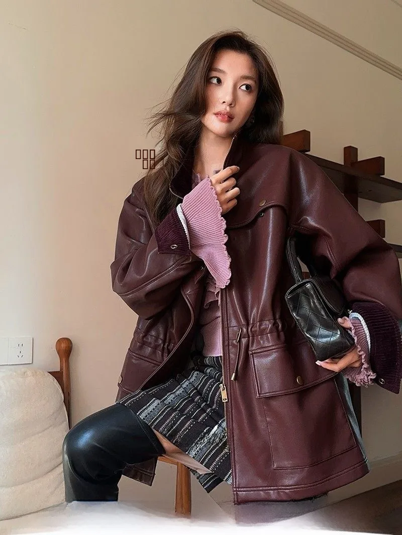 

Modern Girl Windproof Protein Leather Hand Feel Super Good Meat Texture Casual Sle Long Sve round Ne Mid-Length Jaet