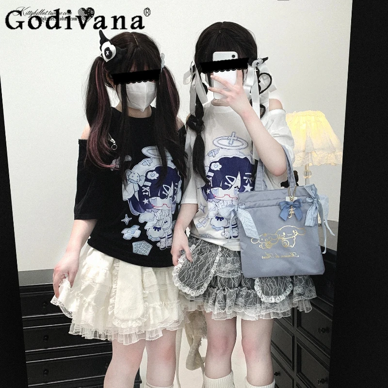 

Original Subculture Y2K White Black T-Shirt Summer New 2025 Girl's Anime Print Loose Slimming Kawaii Tops Student T-Shirt Tees