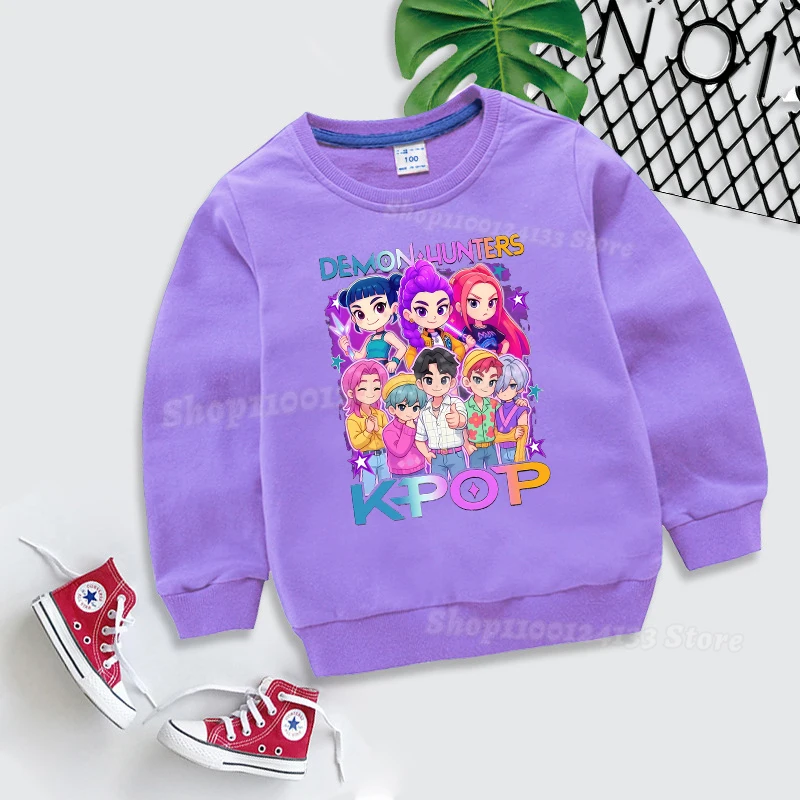 Demone Hunter Girl Pullover Streetwear Autumn Cute Anime Print Baby Clothes Kids Y2K Kawaii Long Sleeve T-shirt Harajuku Clothes