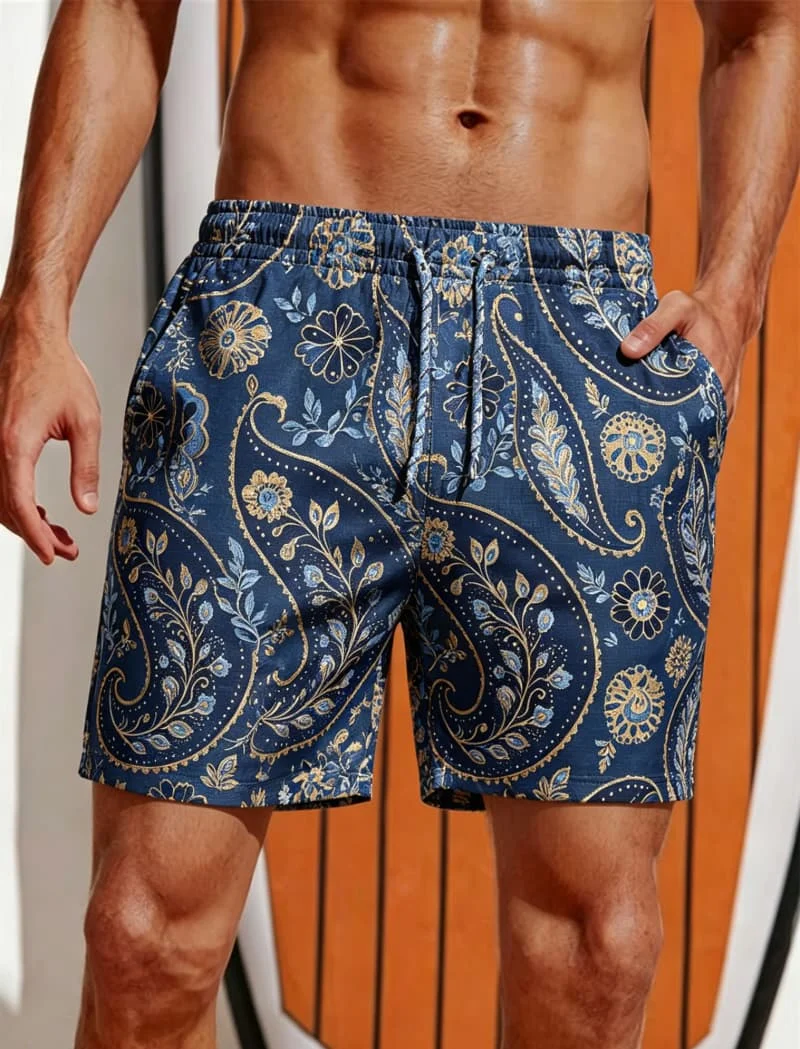 Men's Paisley printed beach shorts with fashionable street style pocket drawstring style, suitable for summer vacation scenes