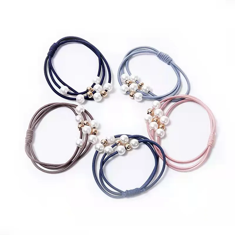 Korean Version Three-line Pearl Base Leather Band High Elastic Tie Hair Circle Hair Rope Hand-knotted Head Rope