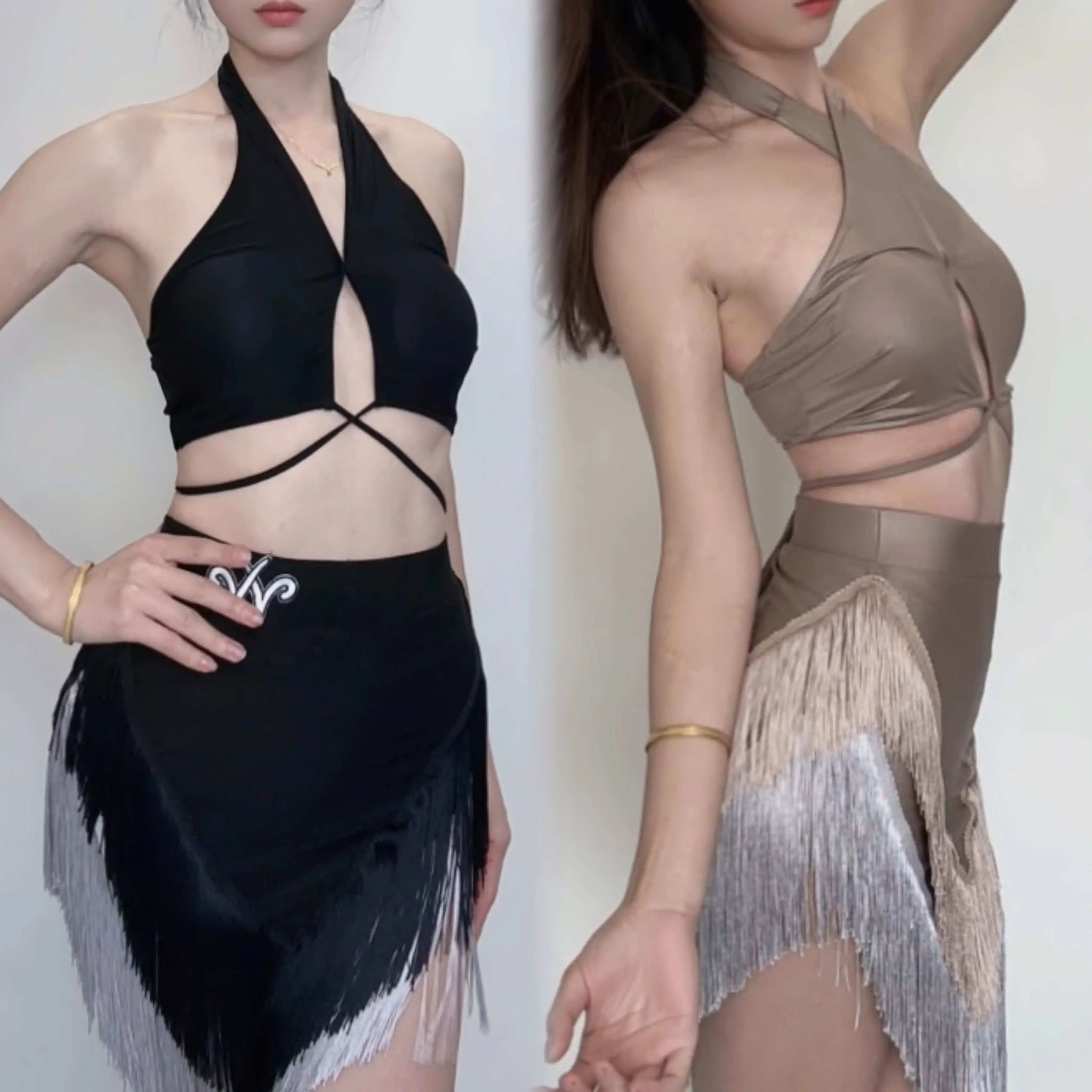 

Latin Dance Practice Clothes Women Halter Neck Tops Fringe Skirt Cha Cha Samba Dance Performance Clothing Club Dancewear NV23507