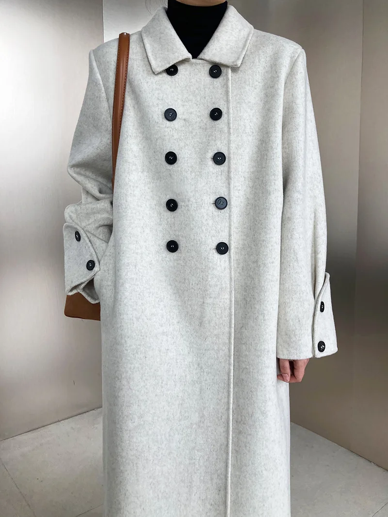 

Women Vintage Double Sided Wool Lapel Trench Coat 2024 Winter Ladies Korean Fashion Brand Double Breasted Long Fleece Jacket