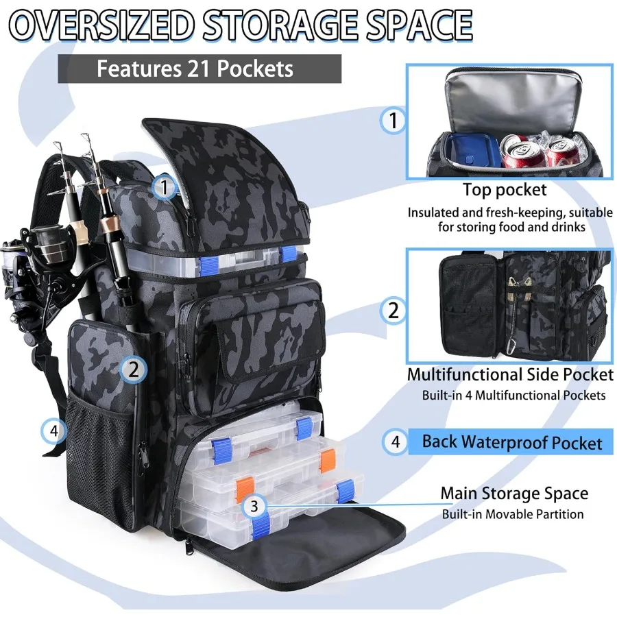 حقيبة ظهر لصيد الأسماك مع 4 3600 صناديق معالجة 98 قطعة مجموعة ملحقات الصيد 45L حقيبة معالجة كبيرة لصيد الأسماك والتخييم والتنزه المموه #6