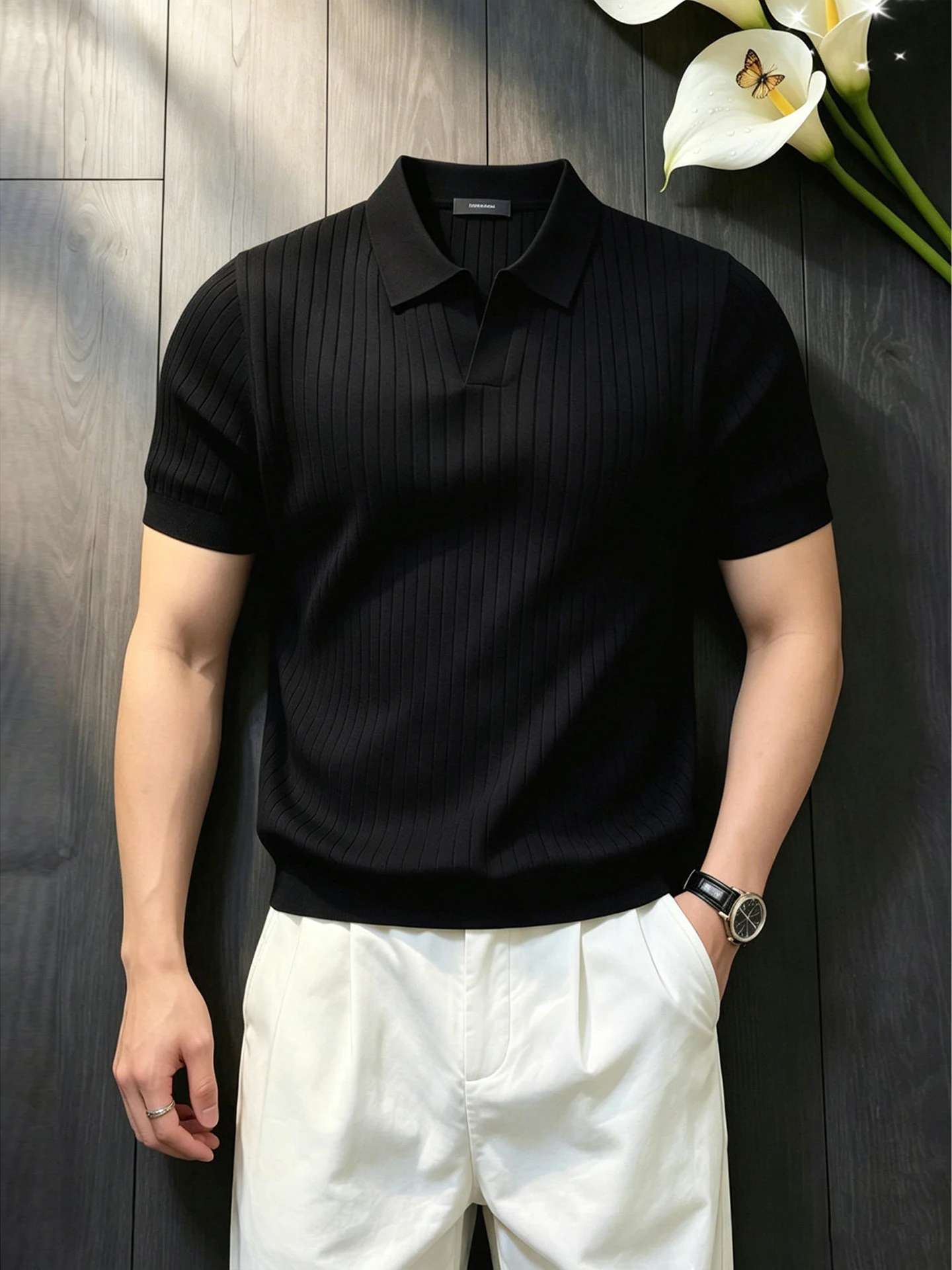 Korean Style Knitted Stripe Short Sleeve  Shirt Casual Flip Collar Men's Summer Fashion Half Sleeve Cool Feeling Leisurewear