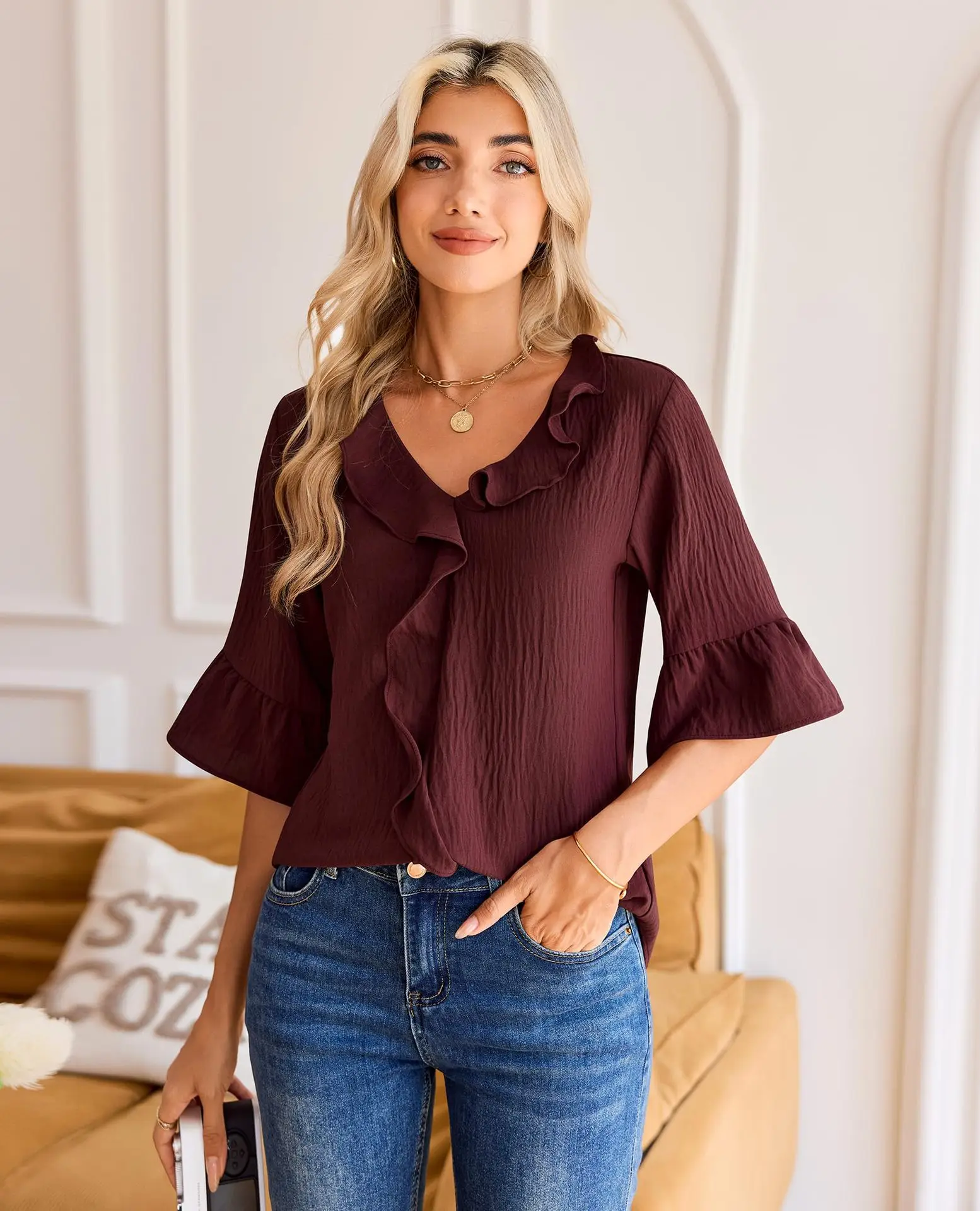 New Shirt Ruffled V-neck Casual Loose Solid Color Tops Women's Fashion Elegant Casual Commuting Daily Vacation Street T-shirt