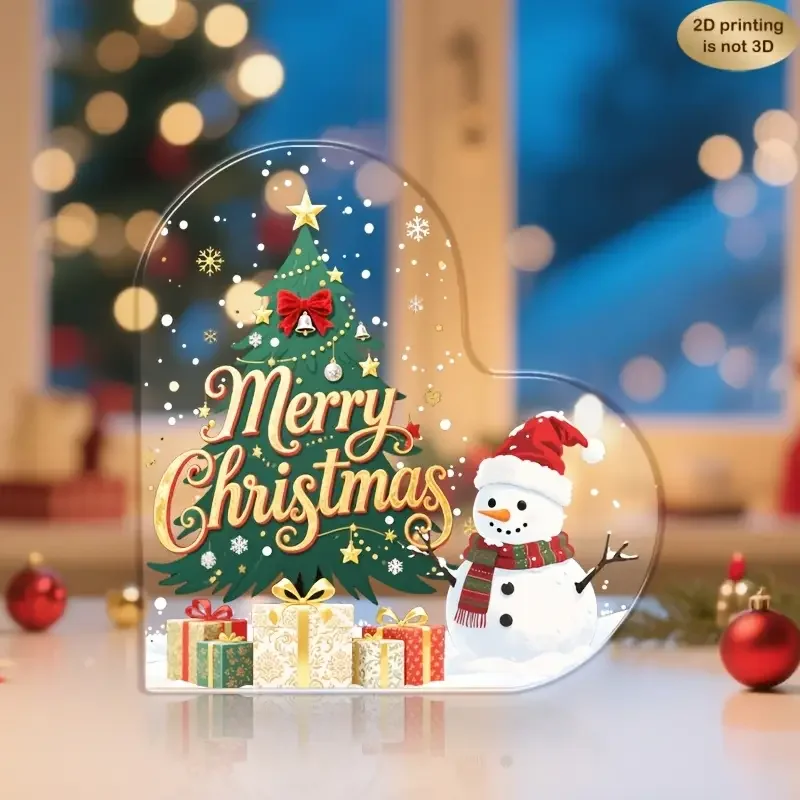 2D Flat, 1pc Heart-Shaped Acrylic Christmas Ornament - Snowman & Tree Design with 