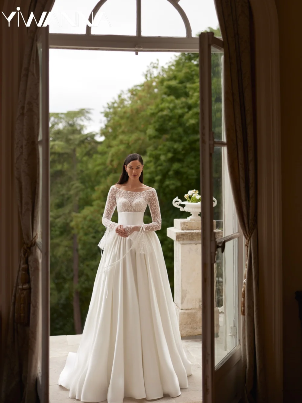 

2026 New Dazzling Beaded Wedding Dress Long Sleeve A-line Satin Bridal Gown Customzied Dreamy Modest Oneck Dresses For Bride