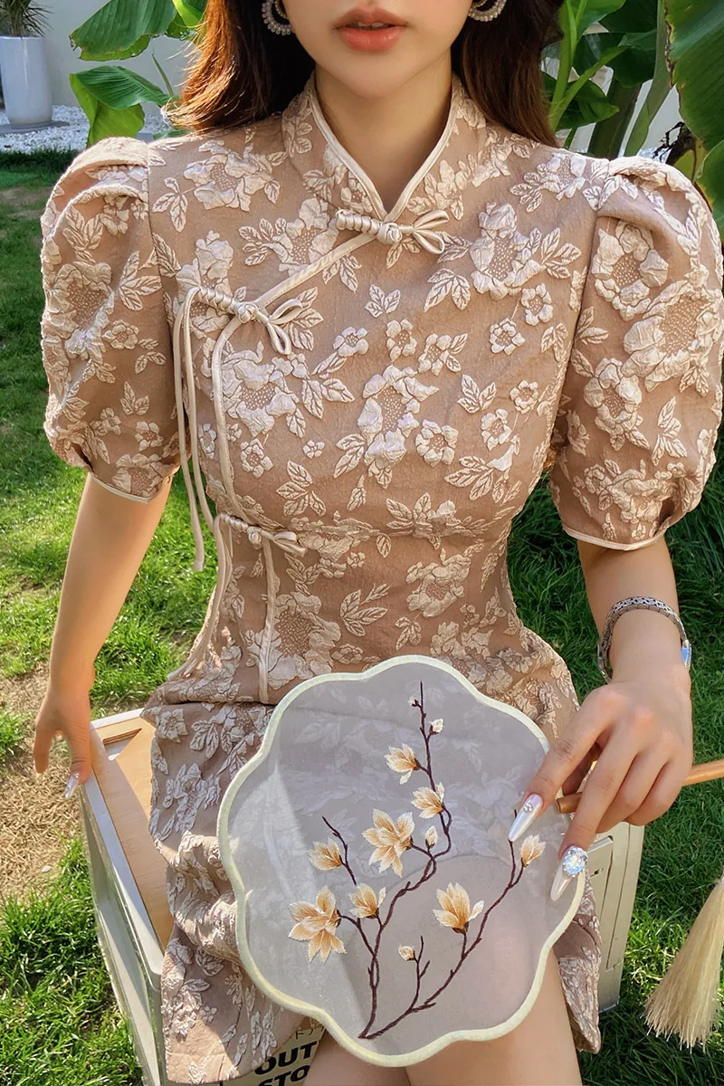 

Summer Solid Jacquard Dress Women's Dress Puff Sleeve Knee-Length A-Line Skirt Chinese Style Y2K 2025 New DABUWAWA DA1BDR088