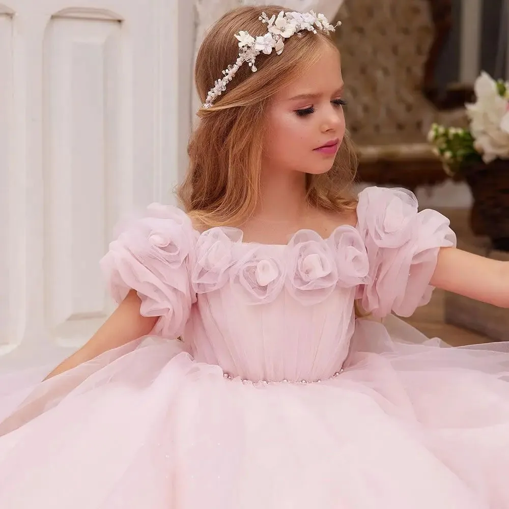 Robe de demoiselle d'honneur pour mariage, appliques en tulle, perles, moelleux, longueur au sol, robes de fête d'anniversaire chariste, robe élégante pour enfant, première année