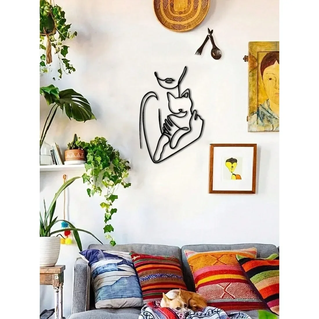 CIFBUY Minimalist Wire Line Art Metal Wall Decor Woman Cat Iron Hanging Sculpture Abstract Modern Home Cafe FarmhouseDecor