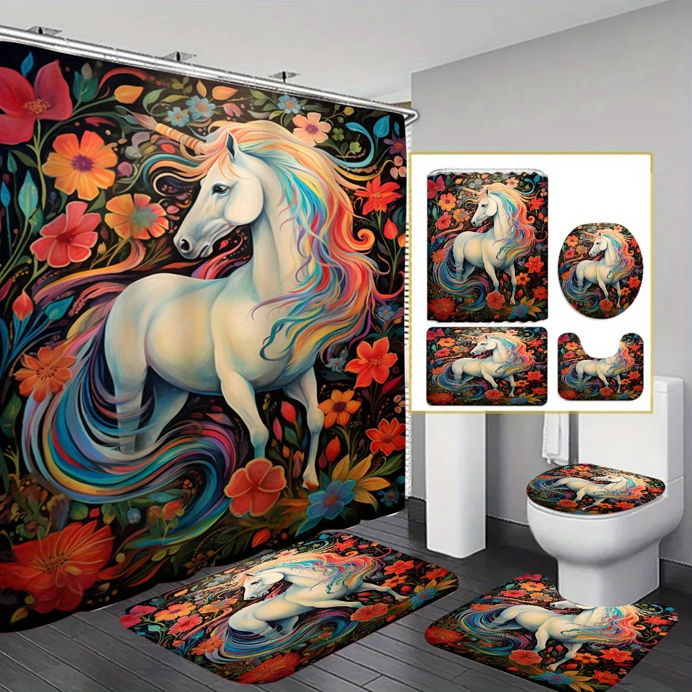 

4pcs Beautiful Unicorn Shower Curtain Set, Bathroom Decor Kit Includes Printed Bathtub Liner with Non-Slip Mat & Toilet Cover