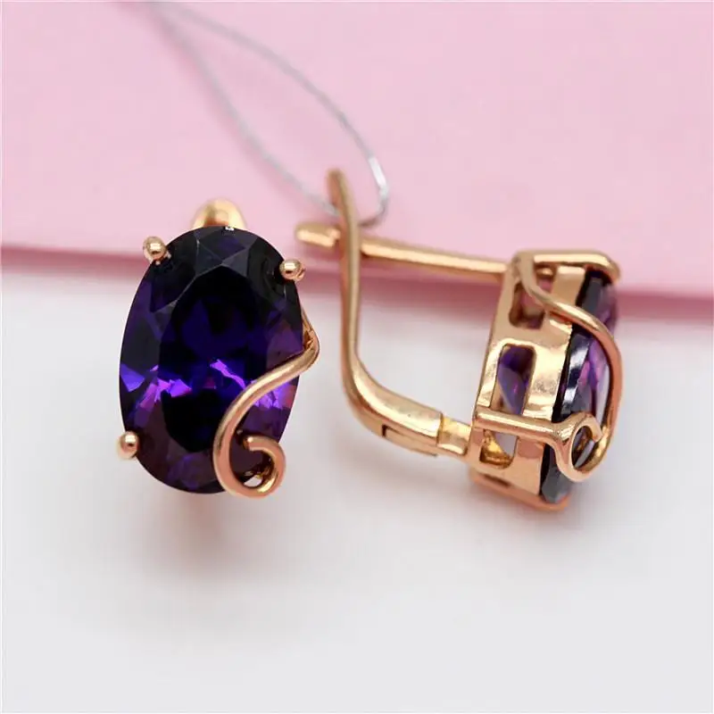 585 purple gold plated 14K rose gold inlaid oval amethyst earrings for women romantic charm light luxury wedding jewelry gift