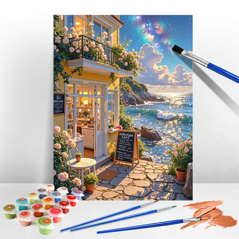 Arte de paisagem à beira-mar, faça você mesmo, pintura a óleo digital, amigos, festa, atividade de coloração, decoração de parede, presente artesanal para adultos