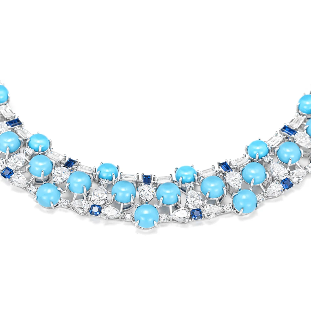 Luxury Artificial Turquoise Statement Necklace Art Deco 925 Sterling Silver Fine Jewelry for Women's Wedding Cocktail Party Gift