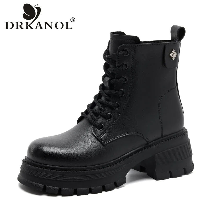 

DRKANOL 2025 Thick Sole Height Increasing Ankle Boots For Women Autumn Winter High Heel Platform Real Cowhide Plush Warm Boots