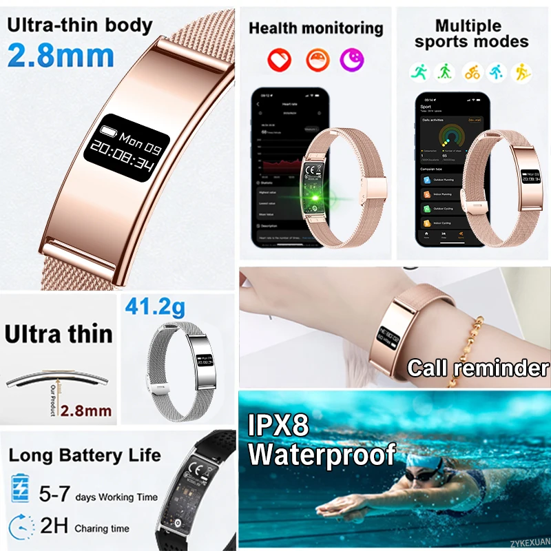 New Fashion Women Smart Bracelet IPX8 Waterproof Heart Rate Sleep Monitor Health Sports Fitness Tracker Call Reminder Smartwatch