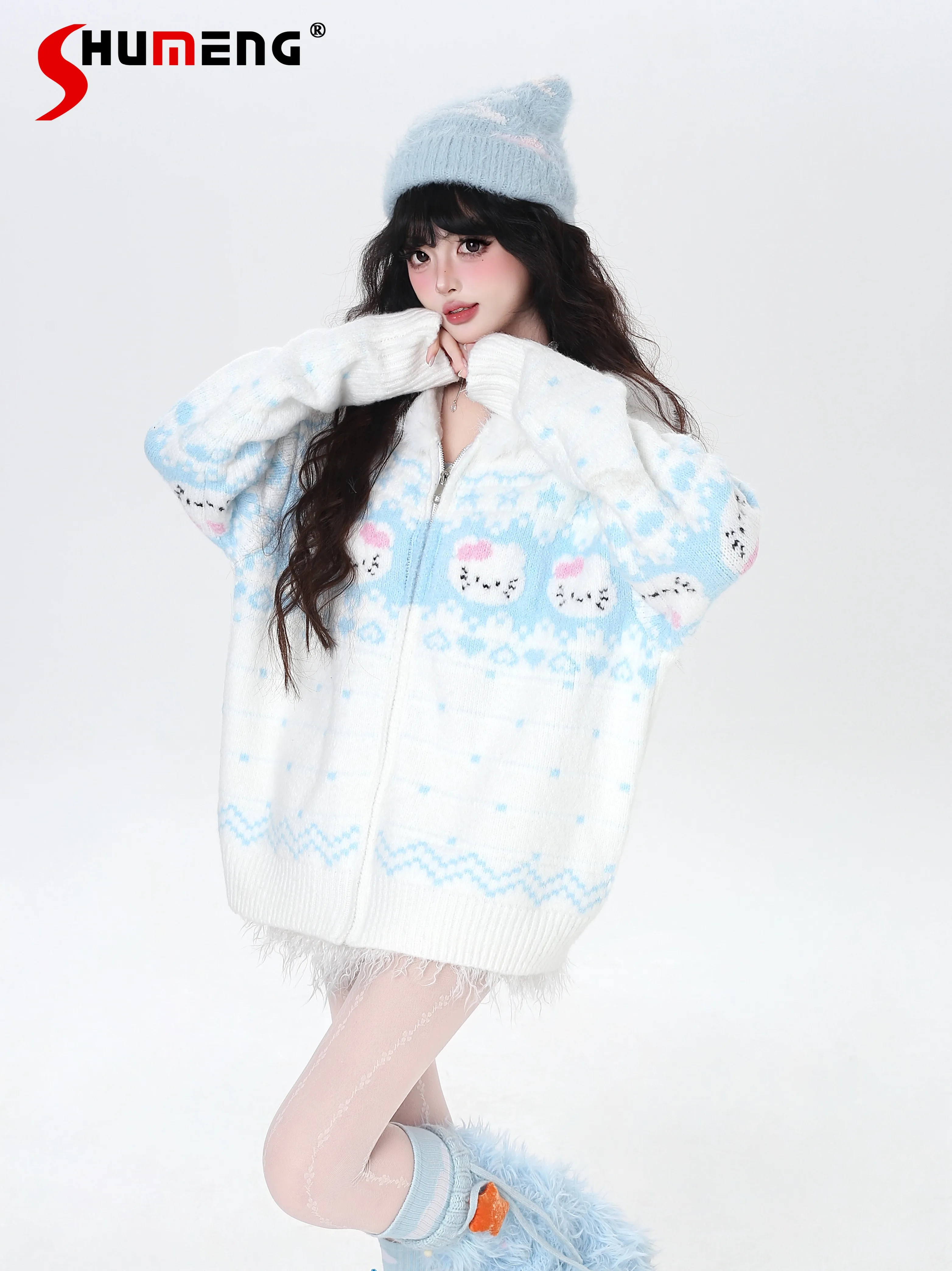 

Japanese Sweet Cute Girl Y2K Knitted Hoodies Tops Long Sleeve Loose Versatile Zipper Short Cardigans Jackets for Women Winter