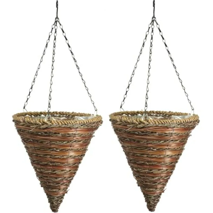 Hanging basket planters for outdoor use, natural fern wicker material, beige color, durable rope handle and cone shape design