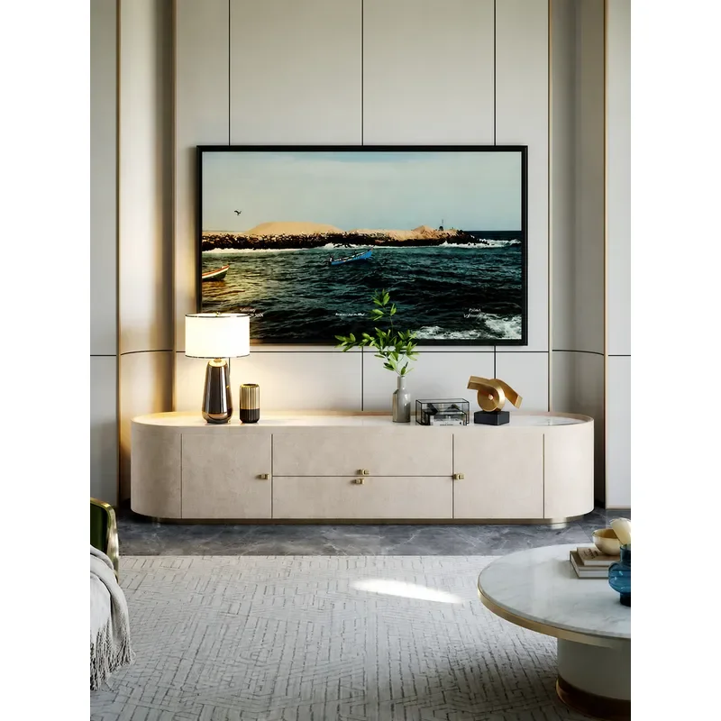 Modern Light Luxury TV Cabinet for Living Room Simple Fashionable Solid Wood and Rock Slab Floor Standing Media Console