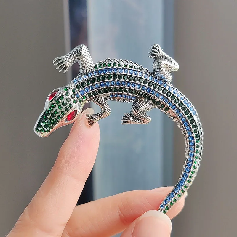 Vintage Rhinestone Big Crocodile Animal Brooches Pins Gift For Men Women Clothing Suit Crystal Alligator Metal Brooches Jewelry