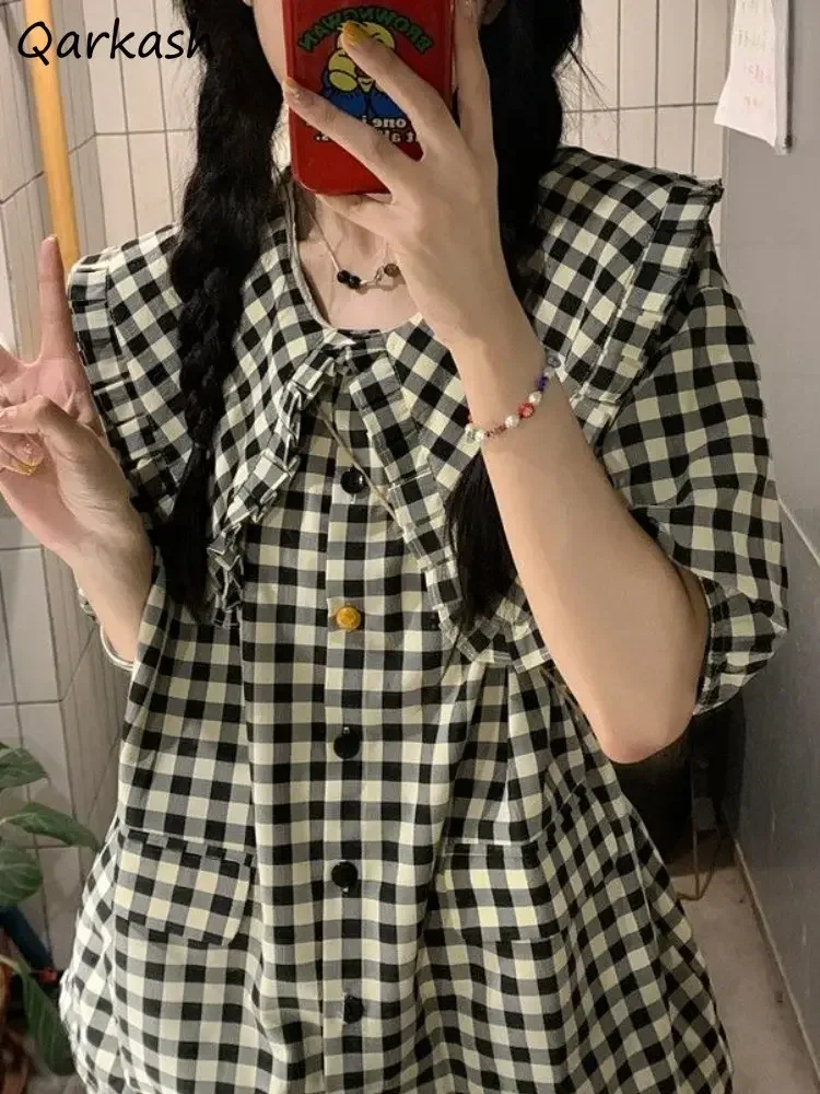 

Puff Sleeve Plaid Shirts Women Baggy Vintage Peter Pan Collar Streetwear Summer Aesthetic Casual Clothing Girlish Holiday