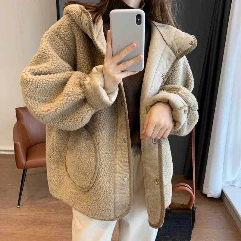 Autumn and Winter Lamb Wool Hooded Patchwork Jacket, Korean Version of Solid Color Loose Casual Single-breasted Downy Coat Women