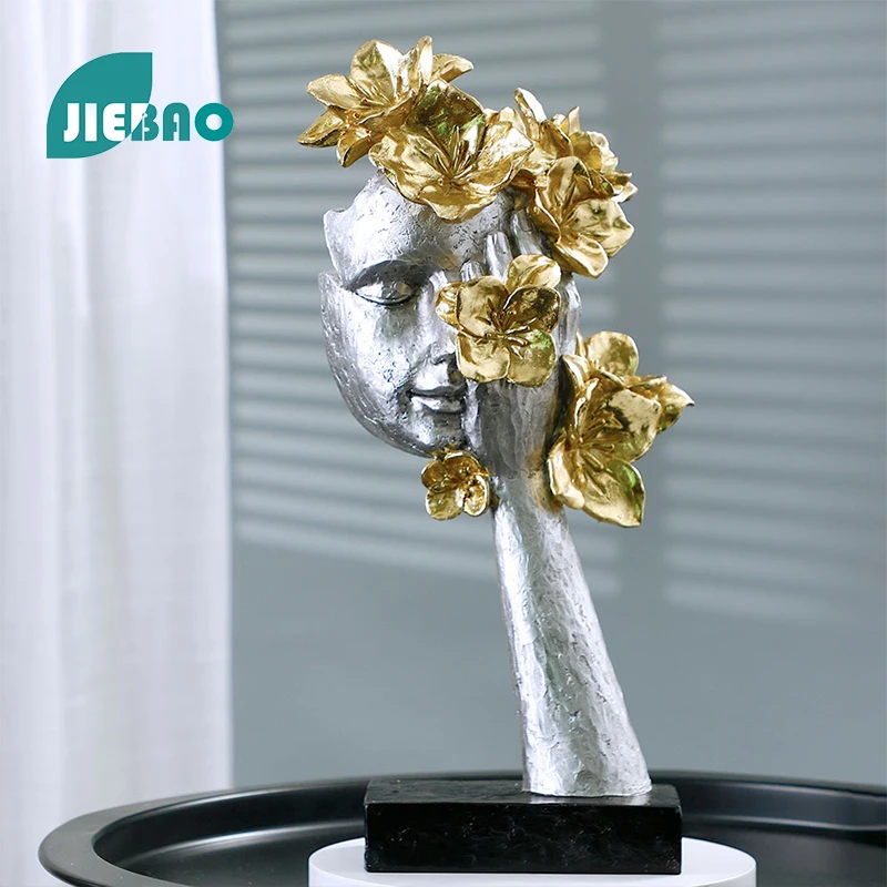 Abstract Human Face Golden Flower Butterfly Resin Sculpture Figurines Statue For Nordic Home Livingroom Decoration