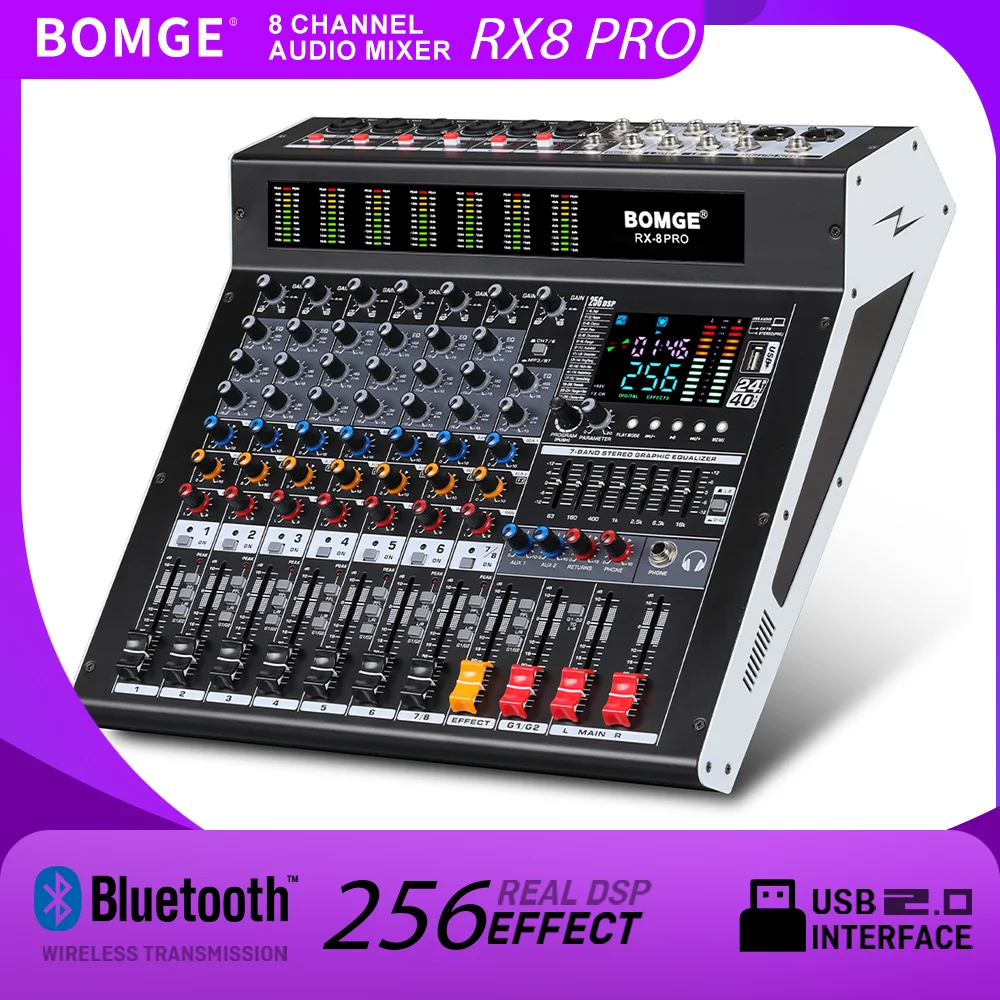 BOMGE 256DSP 8 Channel Audio Mixer DJ Sound Console with USB audio interface MP3 PC Recording 48V BT for Microphone DJ Recording
