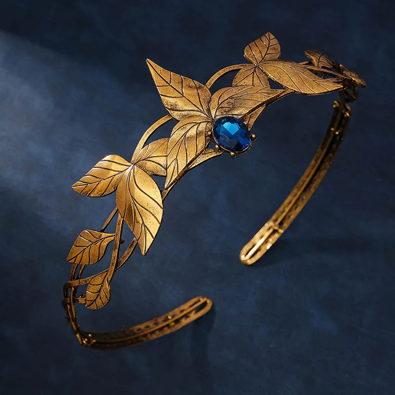 Vintage Gold Color King Round Elves Crown Crystal Goddess Tiaras Women Man Vintage Leaf Headband Diadem Bridal Hair Accessories - view 2