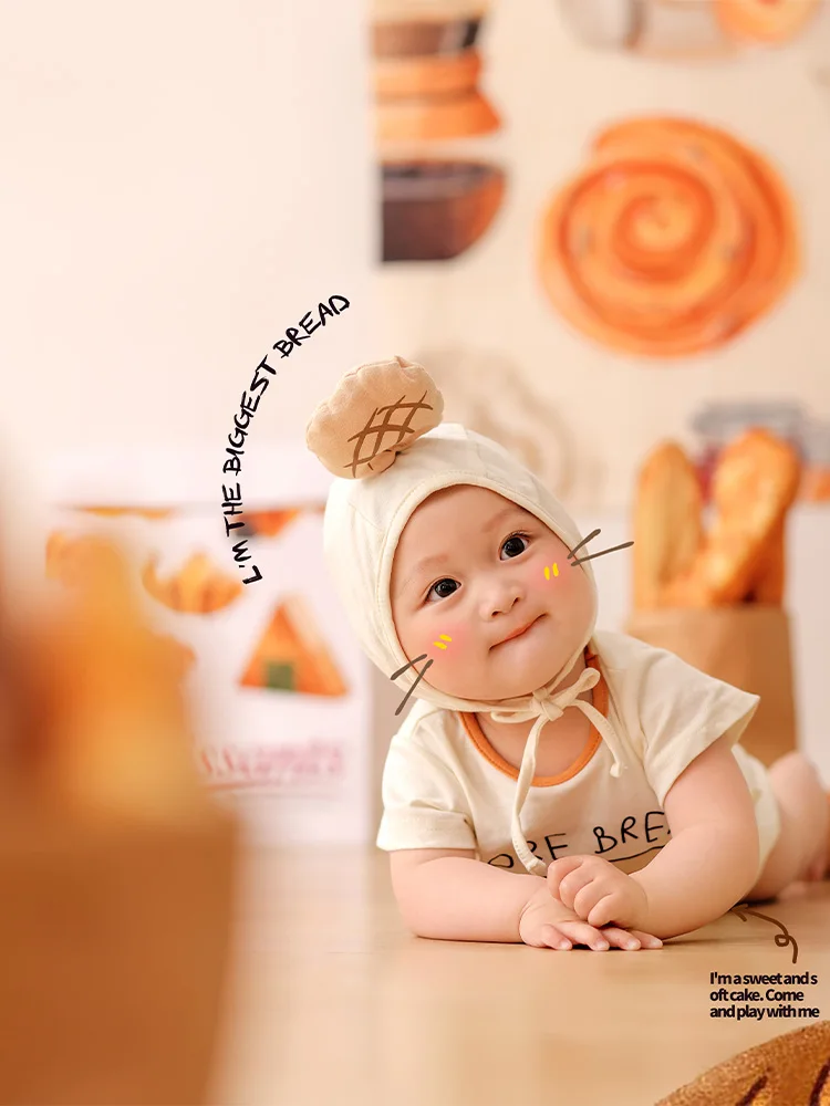 Infant Photography Jumpsuit Baby Bodysuit Hat Set Simulated Bread Photoshoot Decoration Props Studio Bread Baking Shooting Theme