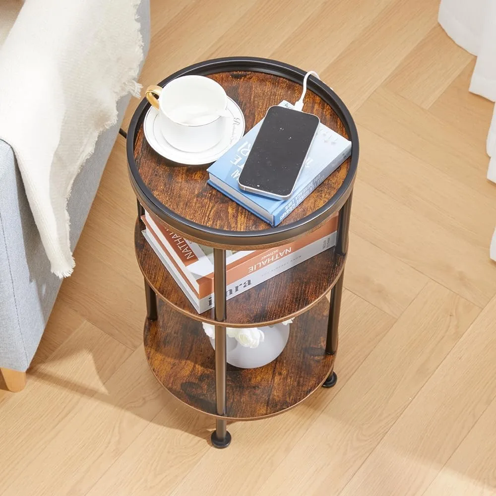 3-Tier Round Side Table with Charging Station, USB Ports & Outlets for Small Spaces, Rustic Brown