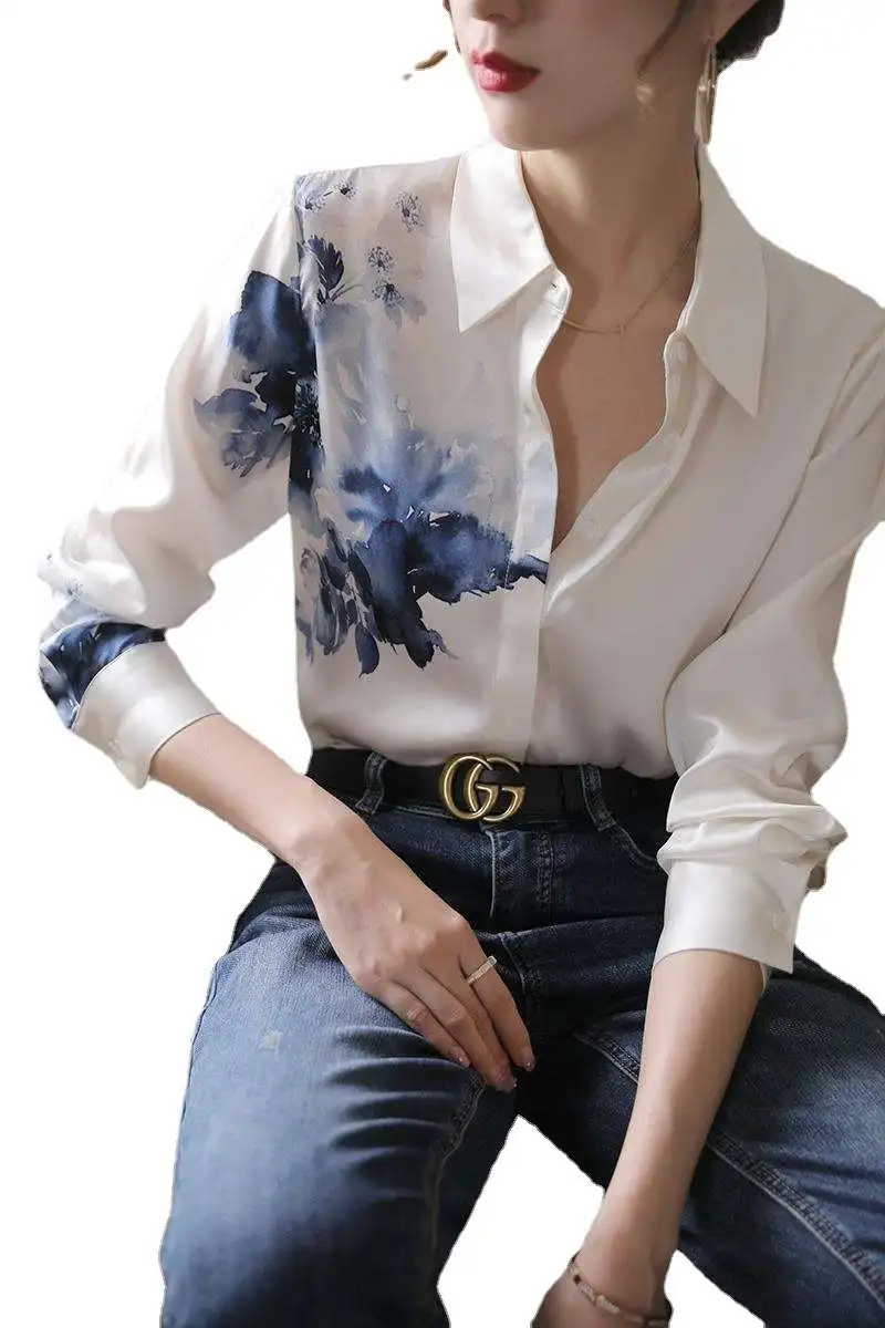 

Spring New Ink Painting White Silk irt Women's Long SVE Square Collar Button up Regular Sve Polyester Fiber 00%