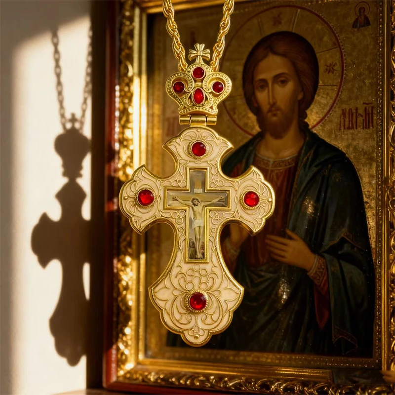 Neue 2026 Luxus-Emaille-Orthodoxe-Kreuz-Halskette mit rotem Kristall & vergoldetem Kruzifix-Ikonen-Schmuck für Priester, Liturgie & Sakramente – Detail 11