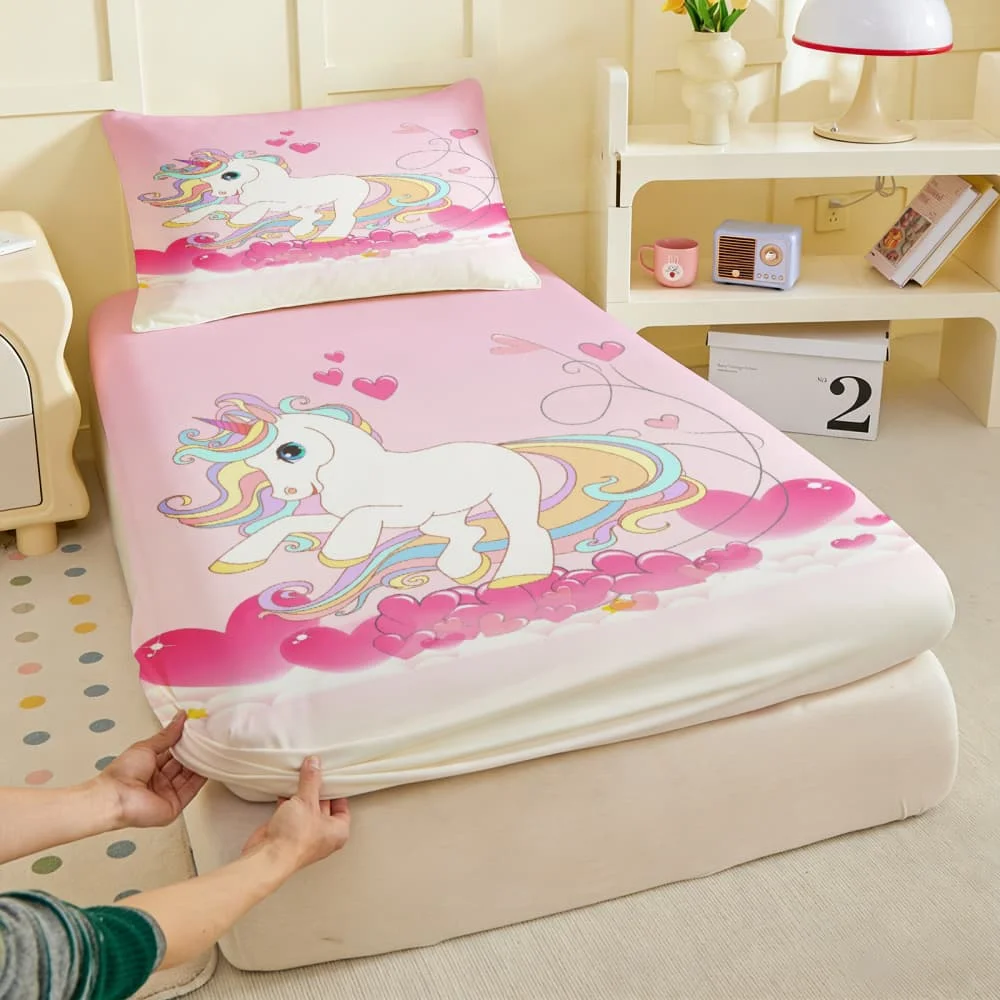 1pc Cute Rainbow Mane Unicorn Print Fitted Sheet Deep Pocket Elastic Mattress Cover Single Double Queen King Bedroom Decor
