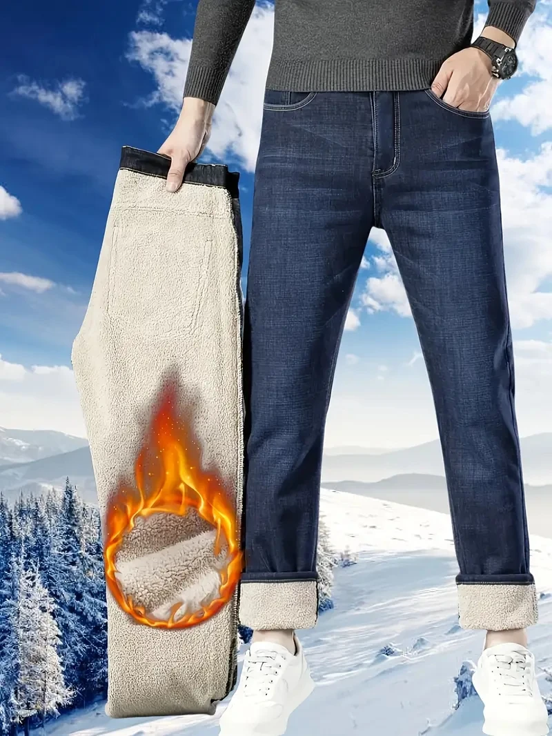 

Зимние теплые флисовые джинсы мужские 2025 прямые эластичные толстые повседневные термоджинсовые брюки мужские деловые рабочие брюки новая мужская одежда