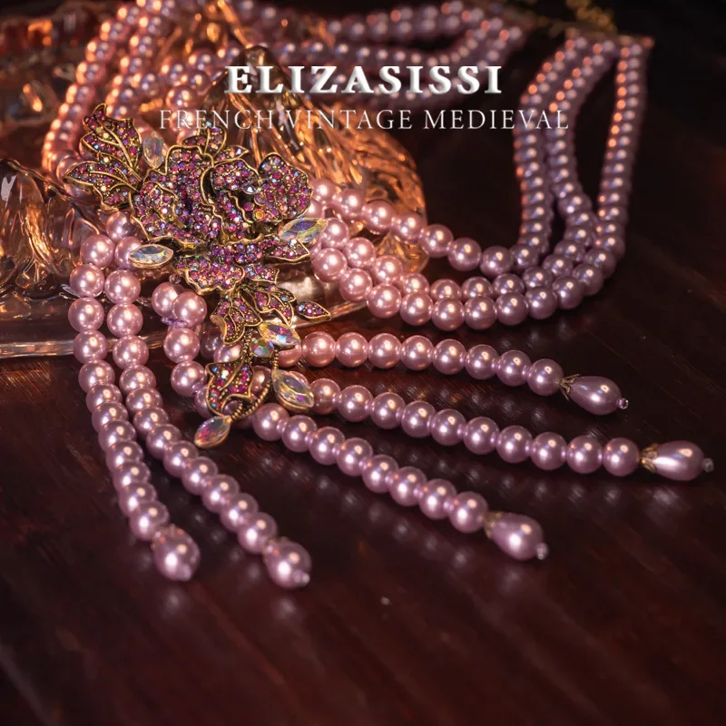 

Fashion medieval vintage European and American jewelry retro purple multi-layer beads lavender chain flowers, pearl necklace