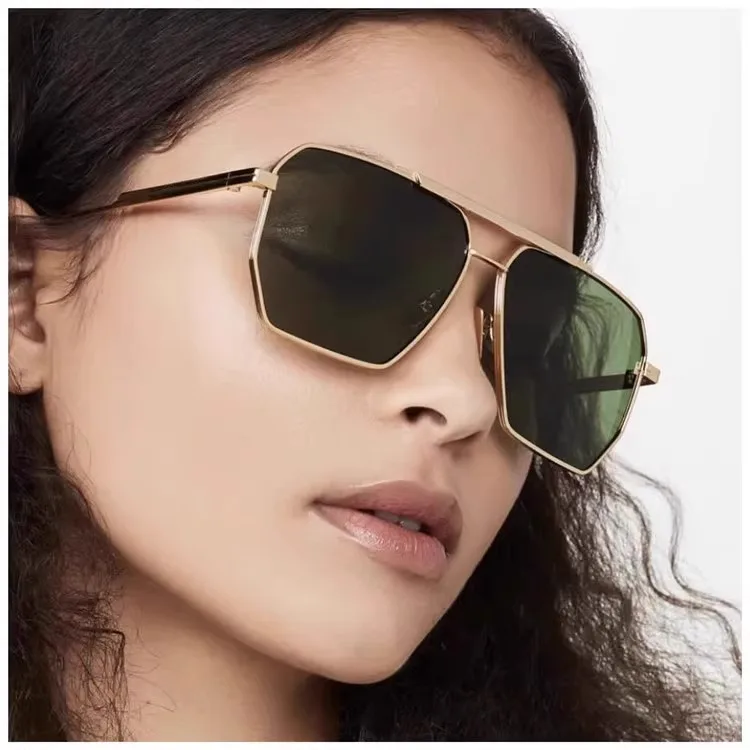 European and American Metal Double Bridge Sunglasses 2025 New Asymmetrical Polygonal Sunglasses Pilot Dark Green Sunglasses