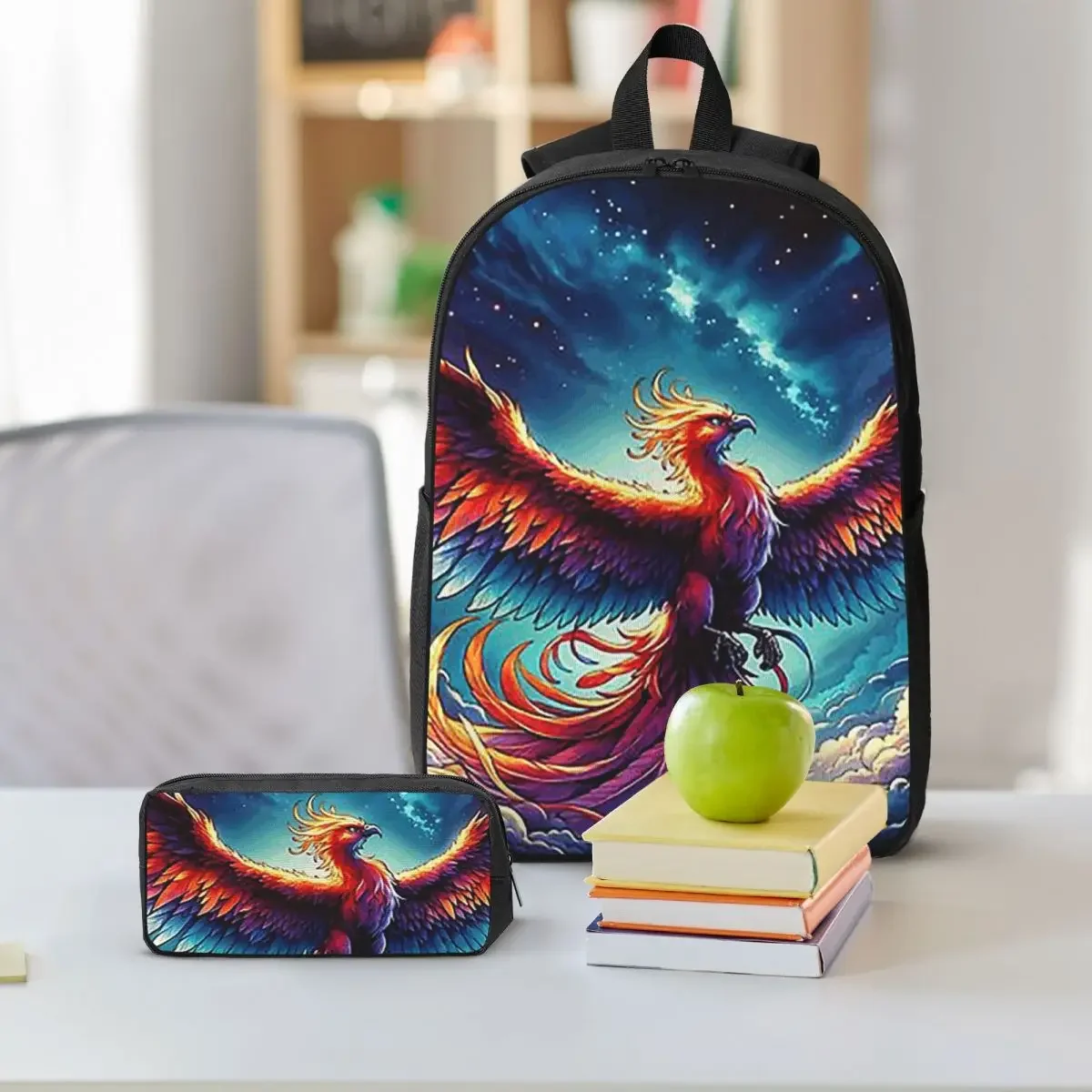 Colorful Majestic Phoenix Backpack Student BookBag School Bag Shoulder Bags 3ps Insulated Lunch Bag Pencil Case