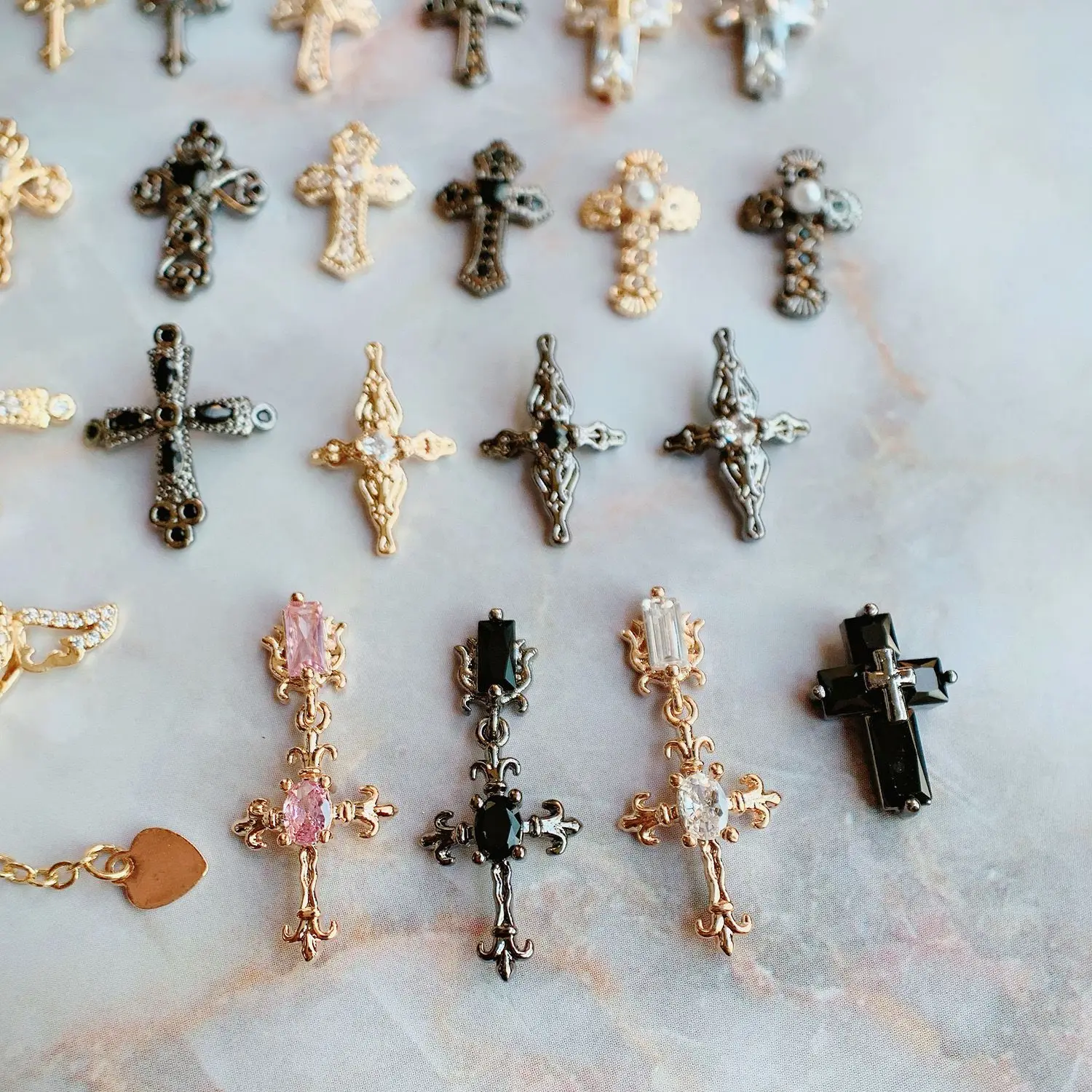 10pcs/lot Dark Black Cross Crucifix Heart Nail Art Parts Zircon Crystal Manicure Nails Accesorios Supplies Decorations Charms