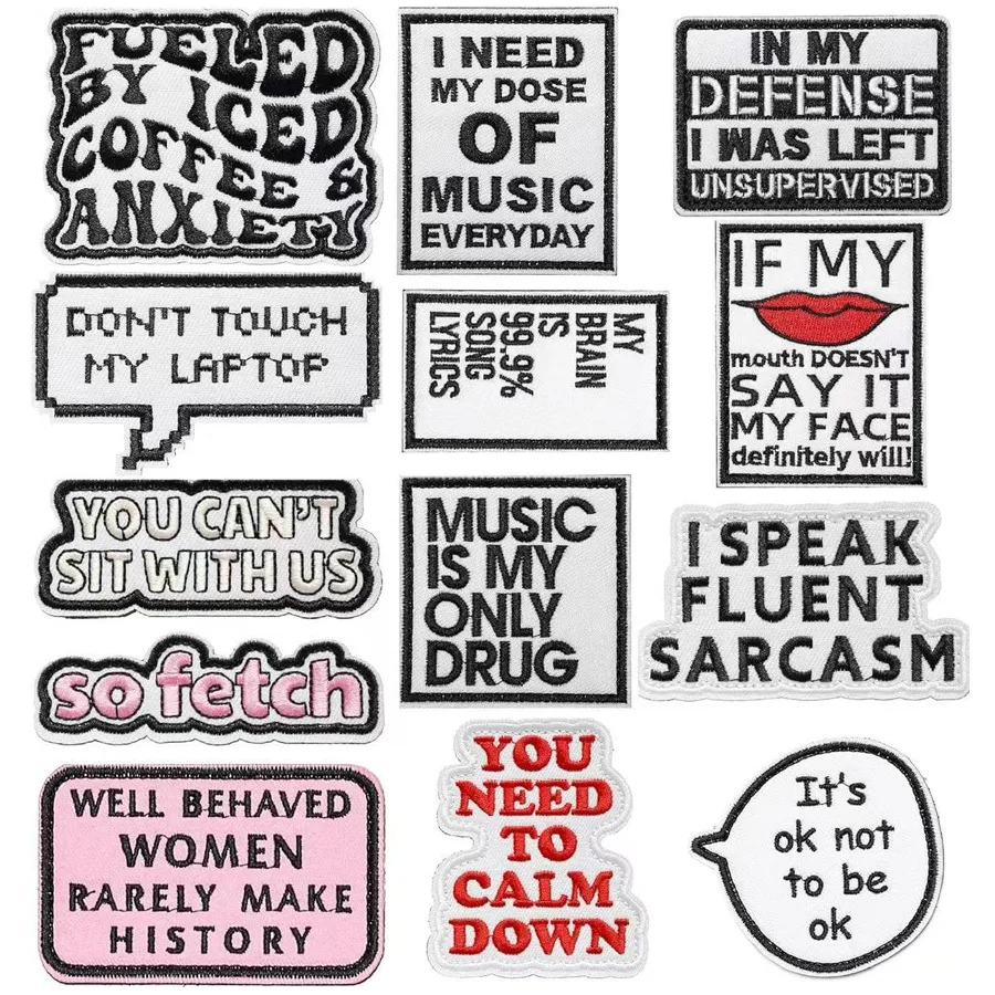 1/5PCS Black and White Dialog Box Embroidery Cloth English Letter Patch Sticker Clothes Bag Decoration Music Healing Ironing