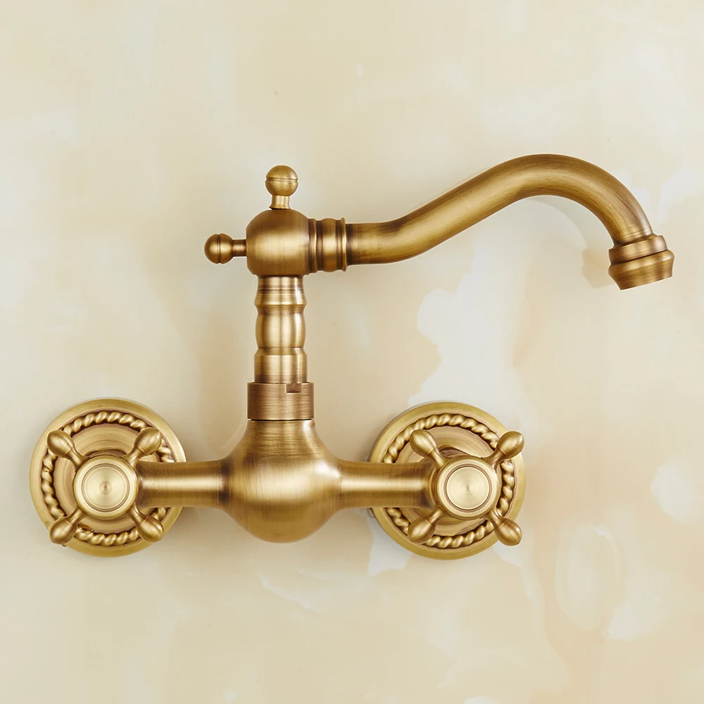 Classical Brass Kitchen Faucet Wall Mounted Dual Handle Holes Cold and Hot Water Taps Rotatable Kitchen Mixer Tap