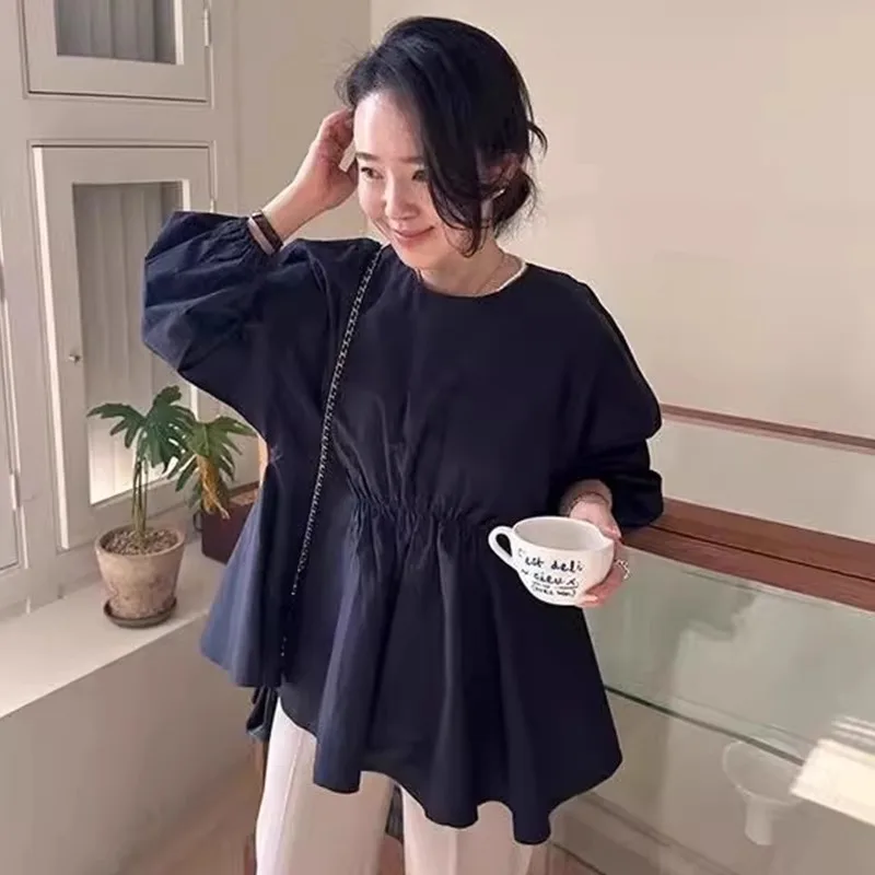 Neploe Simple O-neck Loose Shirts Women 2024 Spring New Slim Waist Ruched Blouses Y2k Long Sleeve All-match Blusas Mujer