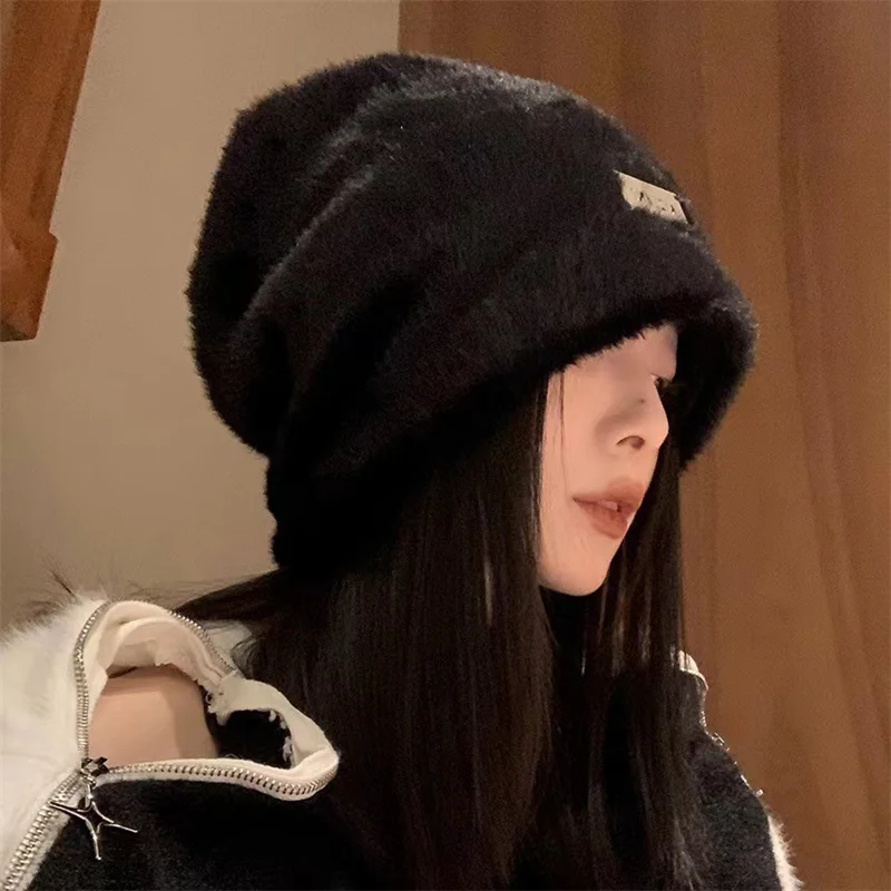 Plush Beanies Hats For Women Winter Warm Solid Baggy Fleece Wool Skullies Hat Outdoor Coldproof Thicken Caps